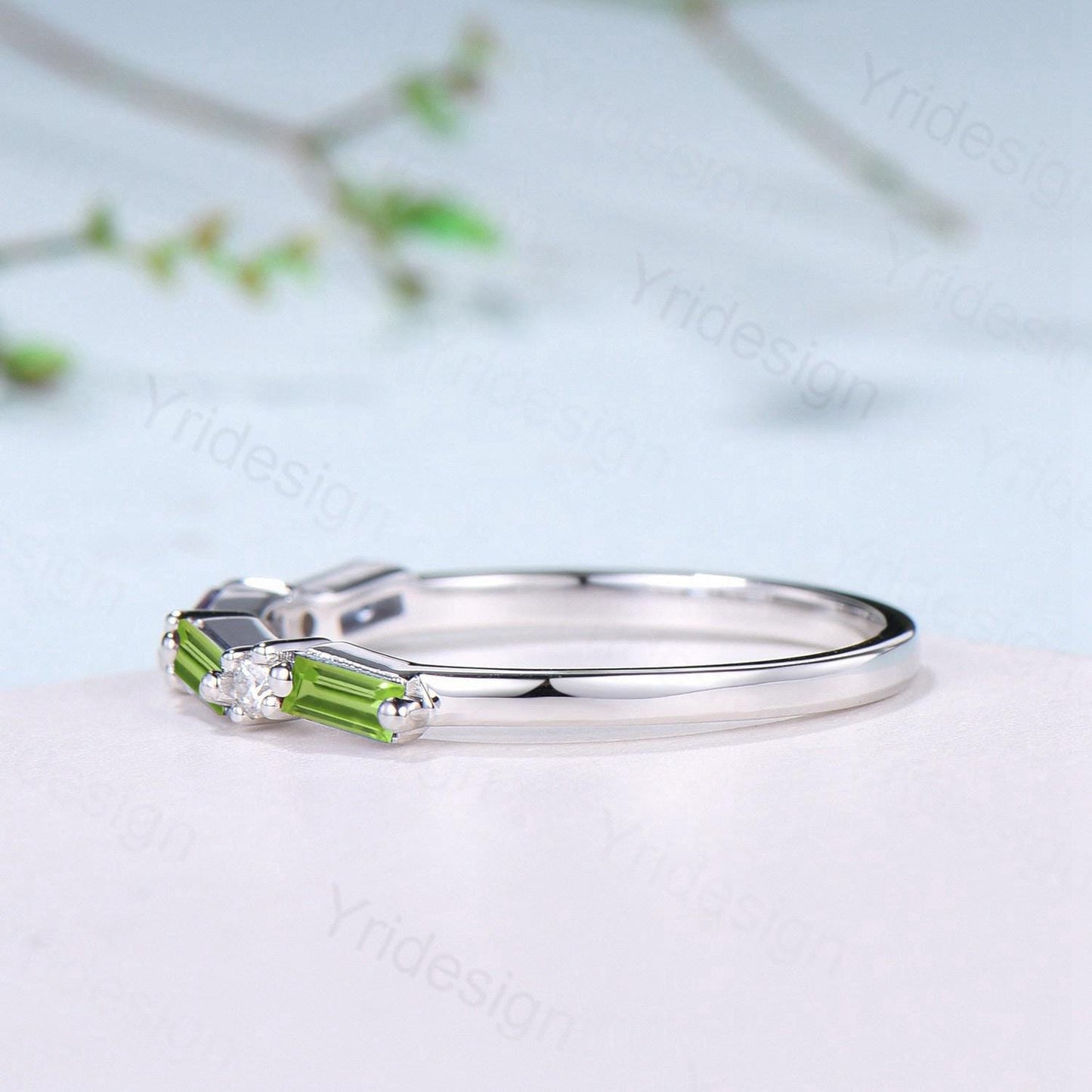 Vintage Baguette Cut Peridot Wedding Band Women Unique August Birthstone Stackable Ring Half Eternity Matching Band Promise Anniversary Gift