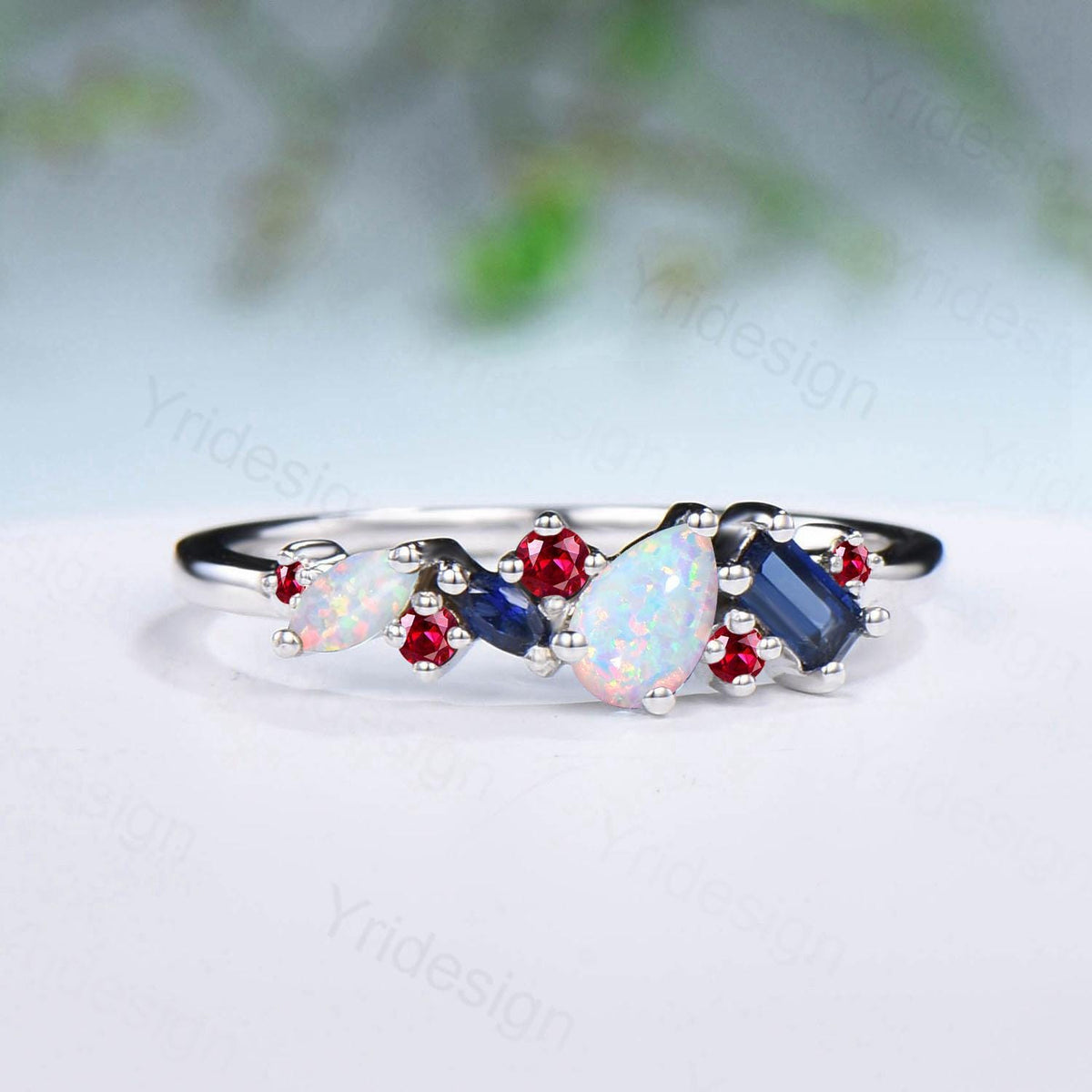 Vintage Multi Stone Ring Pear and Marquise Opal Wedding Ring Baguette Sapphire Wedding Band Unique Ruby Stacking Matching band Birthday Gift