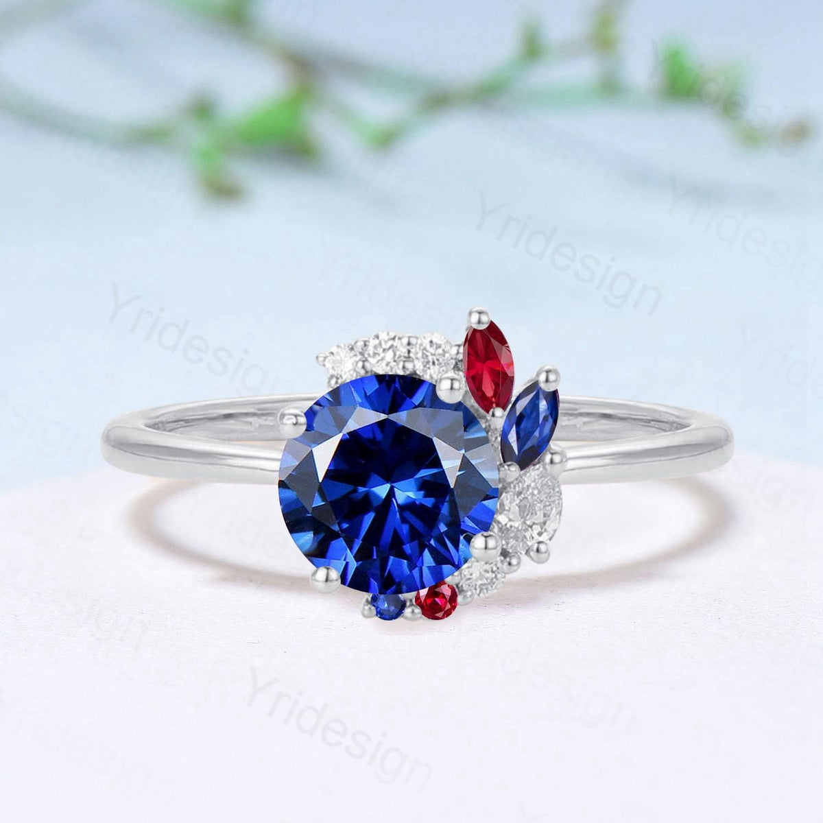 Unique Round Cut Blue Sapphire Engagement Ring Silver Rose Gold Cluster Marquise Ruby Wedding Ring Sep Birthstone Anniversary Promise Gifts