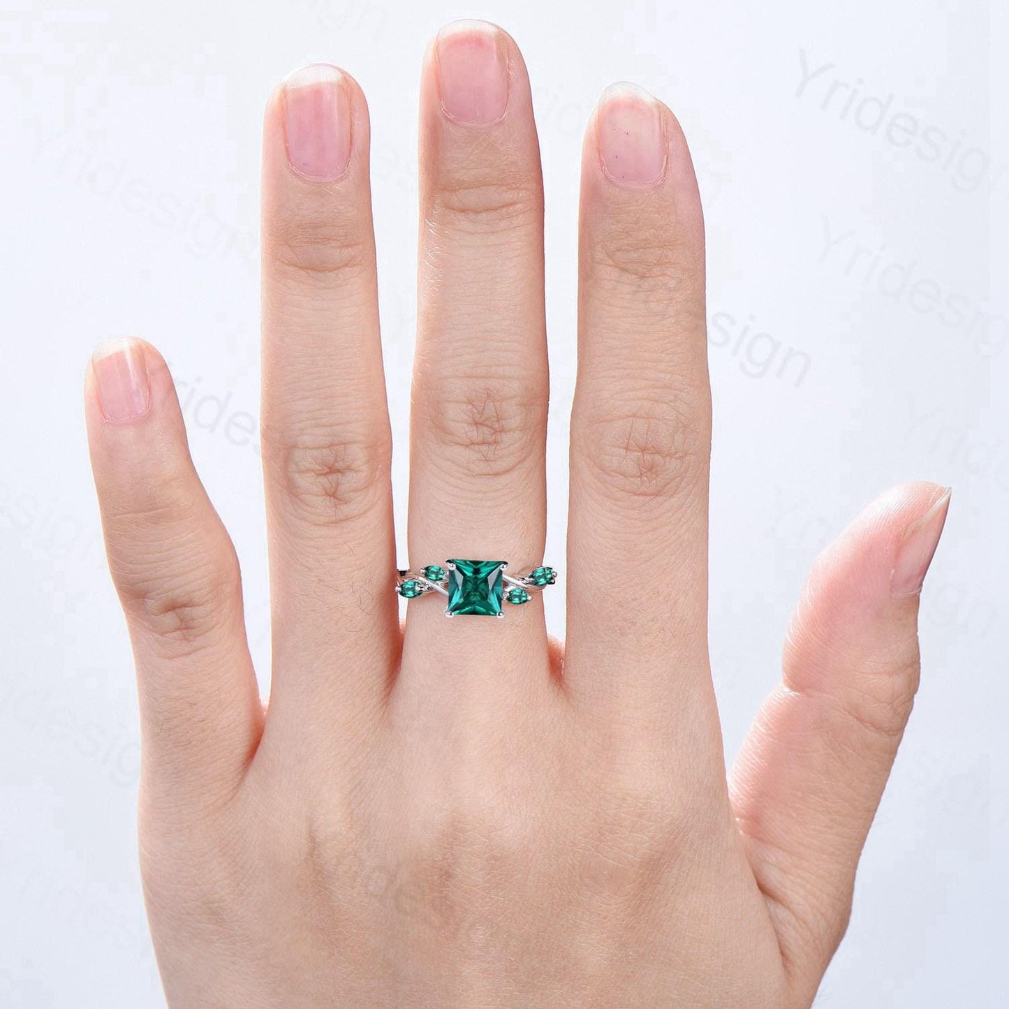 Vintage Lab Created Emerald Princess Cut Engagement Ring Art Deco Split Shank May Birthstone Wedding Ring Gift Promise Anniversary Ring