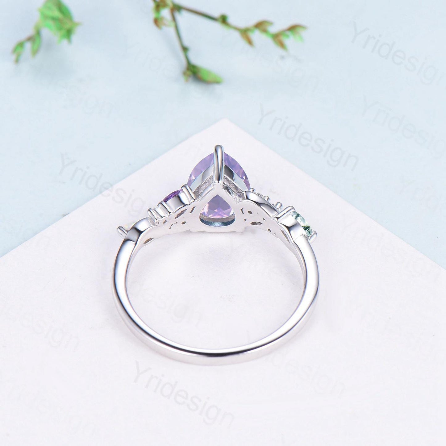 Art Deco Pear Shaped Lavender Amethyst Engagement Ring Split Shank Moss Agate Wedding Ring Vintage Handmade Anniversary Ring Gift for Women
