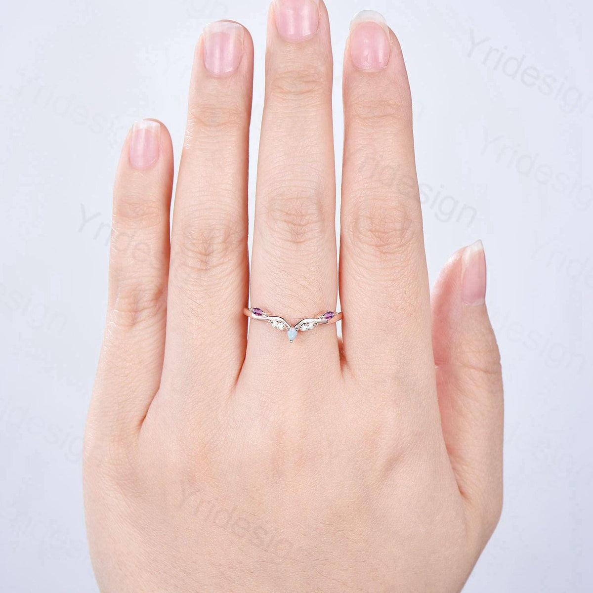 Vintage Marquise Cut Fire Opal Amethyst Wedding Band Women Unique Teardrop White Opal Stackable Ring Elegant Matching Band Anniversary Gift