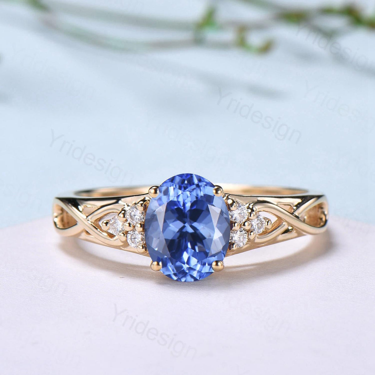 Celtic Love Natural Oval Tanzanite Engagement Ring Set Vintage 18K Yellow Gold Cluster Diamond Art Deco Wedding Ring Set Anniversary Gifts
