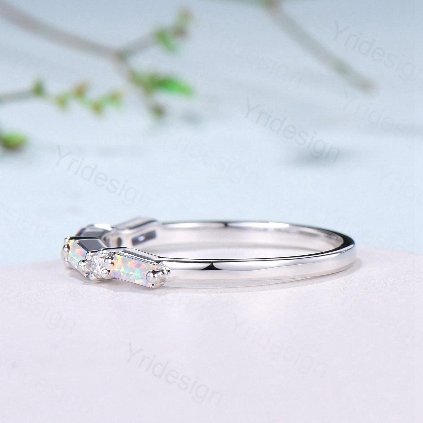 Unique Baguette cut Opal wedding band Vintage Moissanite wedding band Half eternity anniversary Wedding band Bridal Matching Stackable band