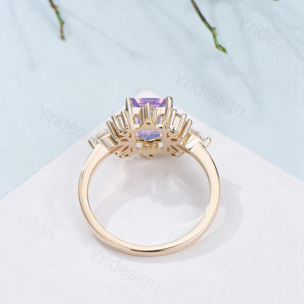 Vintage Lavender Amethyst Engagement Ring Emerald Cut 14K Yellow Gold Cluster Marquise Cut White Opal Wedding Ring Anniversary Promise Gift