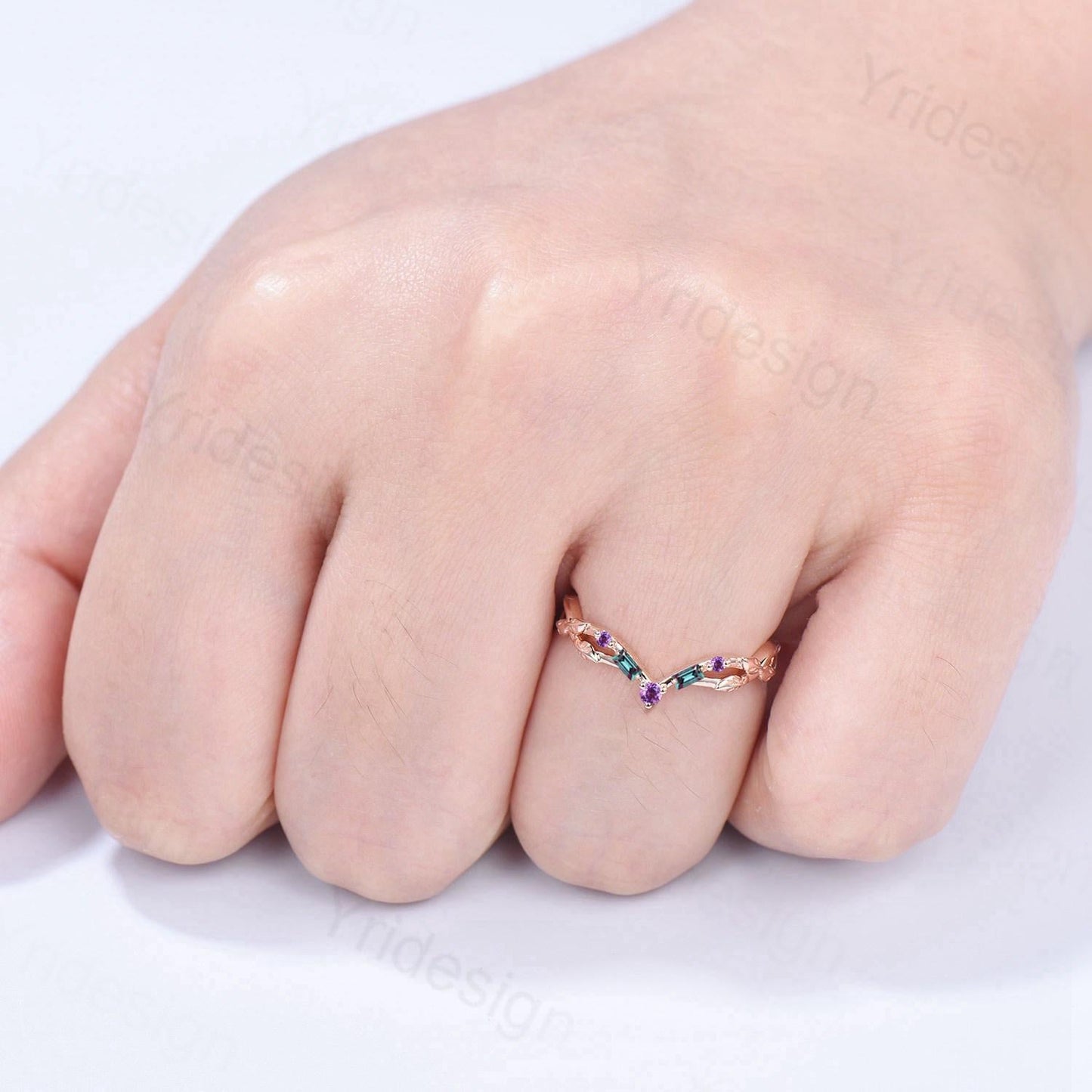 Vintage Curved Baguette Alexandrite Wedding Band Leaf Vine Amethyst Wedding Ring Stackable Matching Band Evil Eye Anniversary Promise Gift