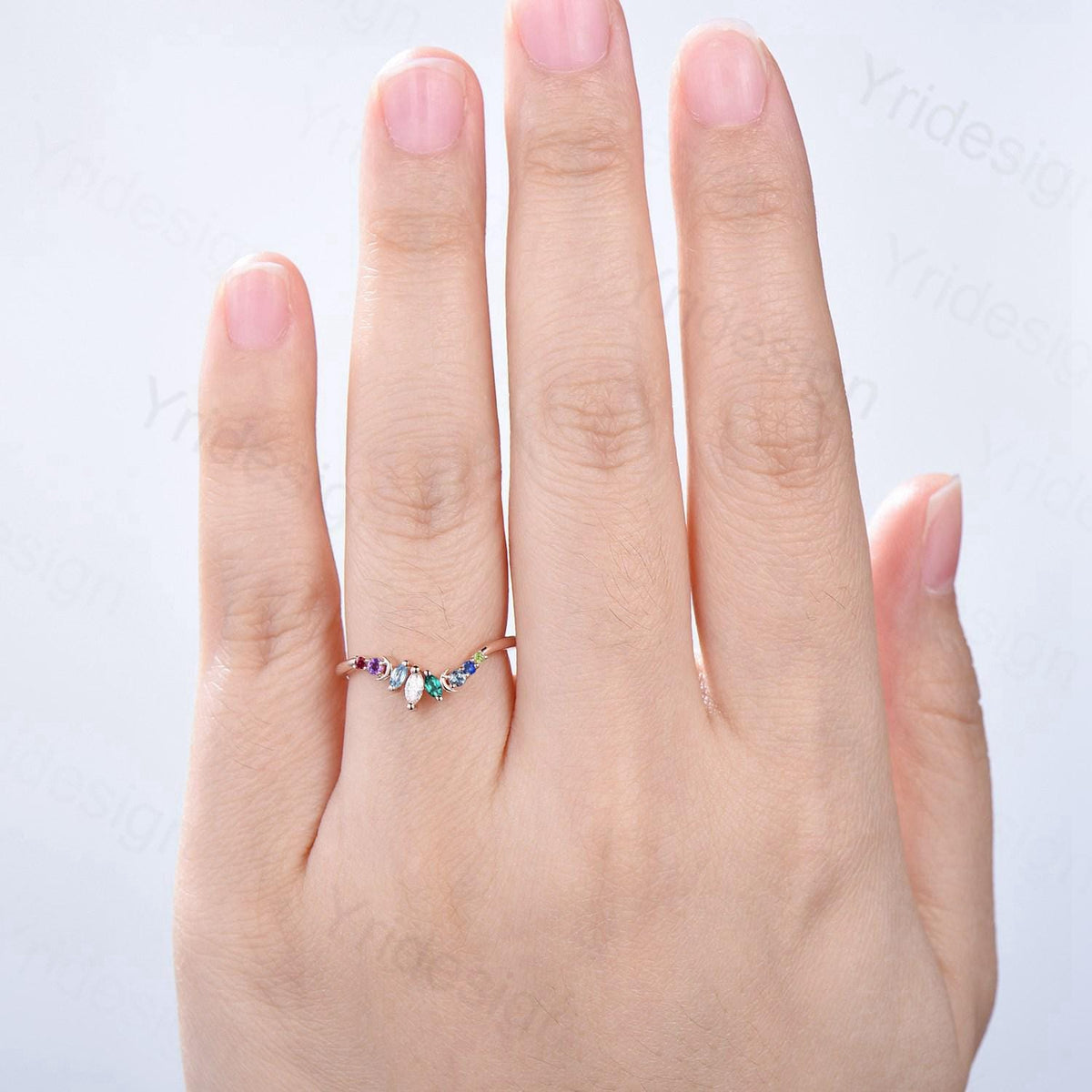 Unique Rainbow Birthstone Wedding Band Curved Marquise Cut Gemstone Moon Wedding Ring Rose Gold Art Deco Stacking Marching Band