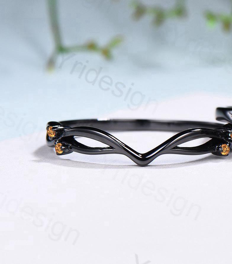 Unique black gold citrine ring set Nature Inspired yellow citrine engagement ring vintage Leaf branch wedding ring set November birthstone