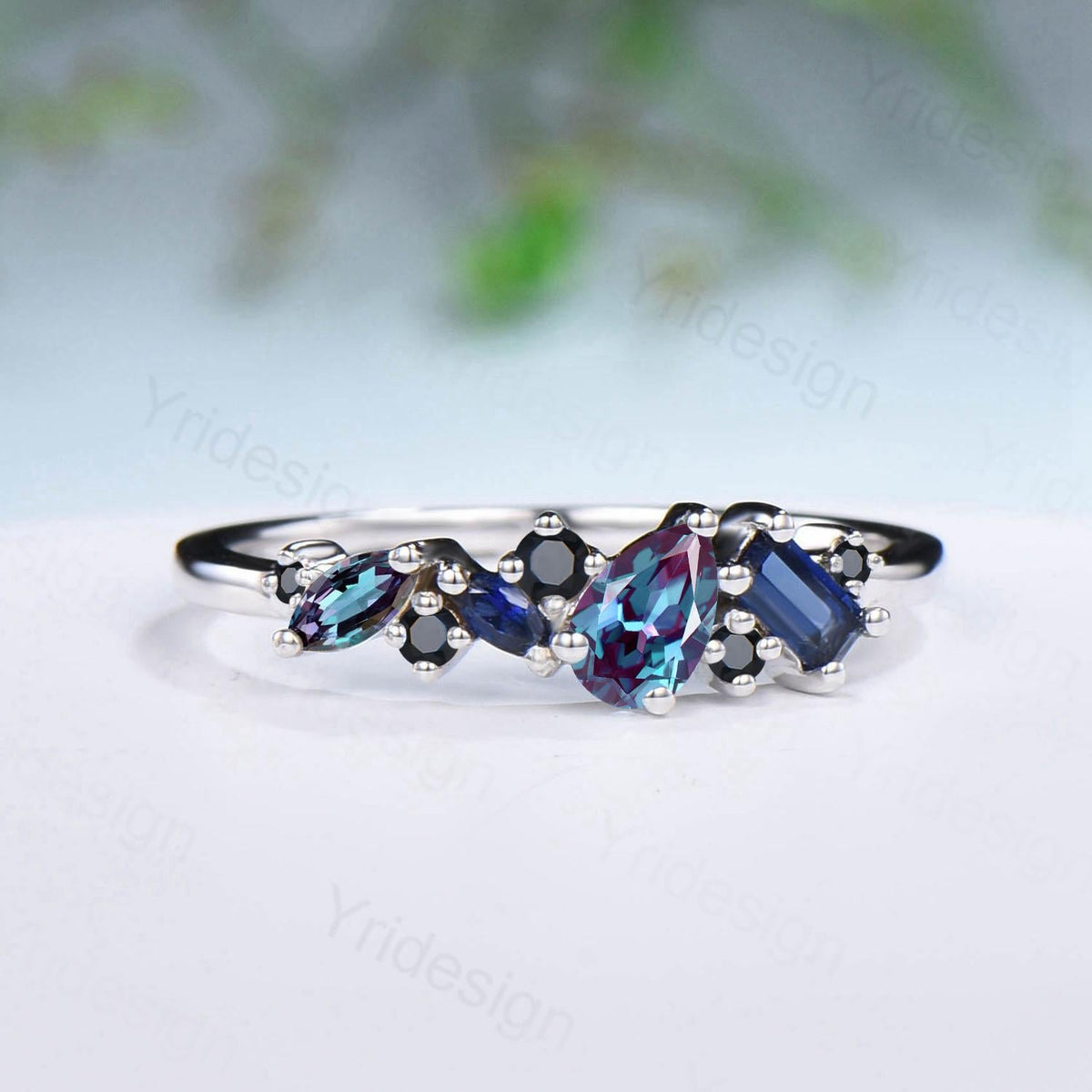 Vintage Multi Stone Ring, Pear and Marquise Alexandrite Wedding Ring, Baguette Sapphire Wedding Band, Unique Spinel Stacking Matching Band