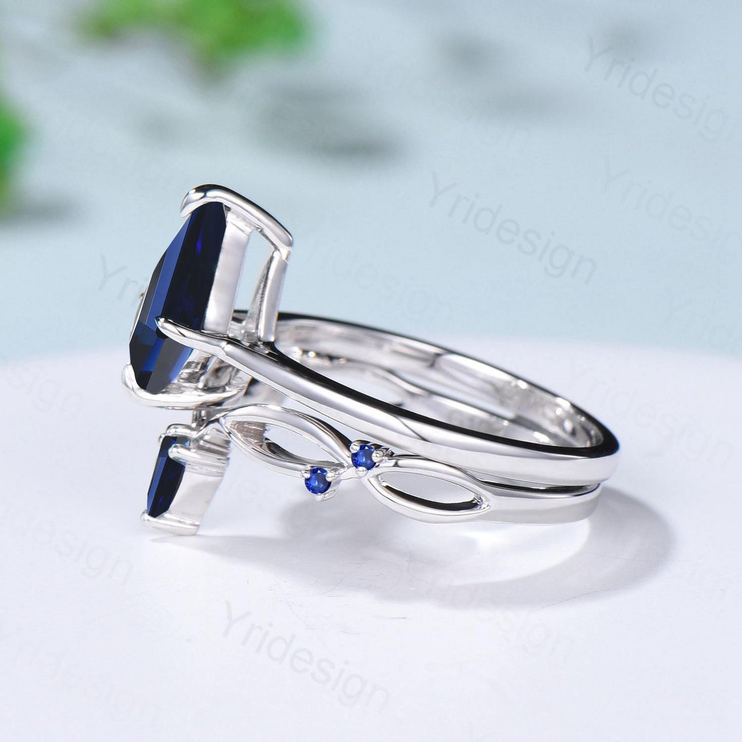 Dainty Blue Sapphire Engagement Ring Set Kite Cut Solitaire Minimalist Wedding Set Simple Sep birthstone Bridal Set Anniversary Promise gift