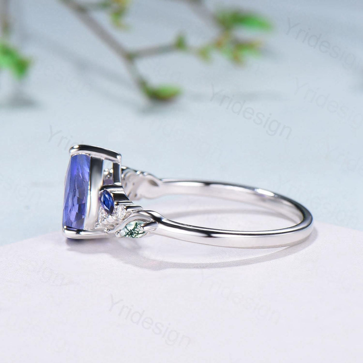 Unique Pear Cut Natural Tanzanite Engagement Ring Cluster Sapphire Opal Wedding Ring Platinum White Gold Handmade Anniversary Proposal Gift