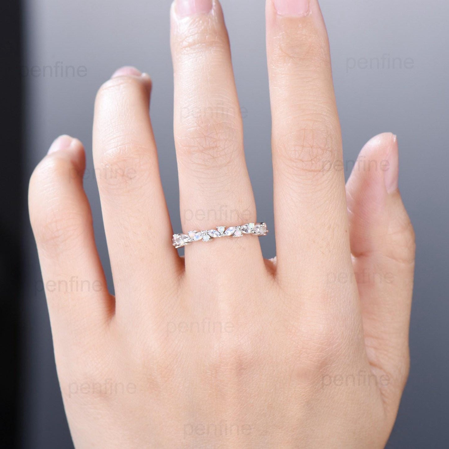 Vintage Marquise Moonstone Opal Wedding Band, 14k Yellow Gold Stacking Ring