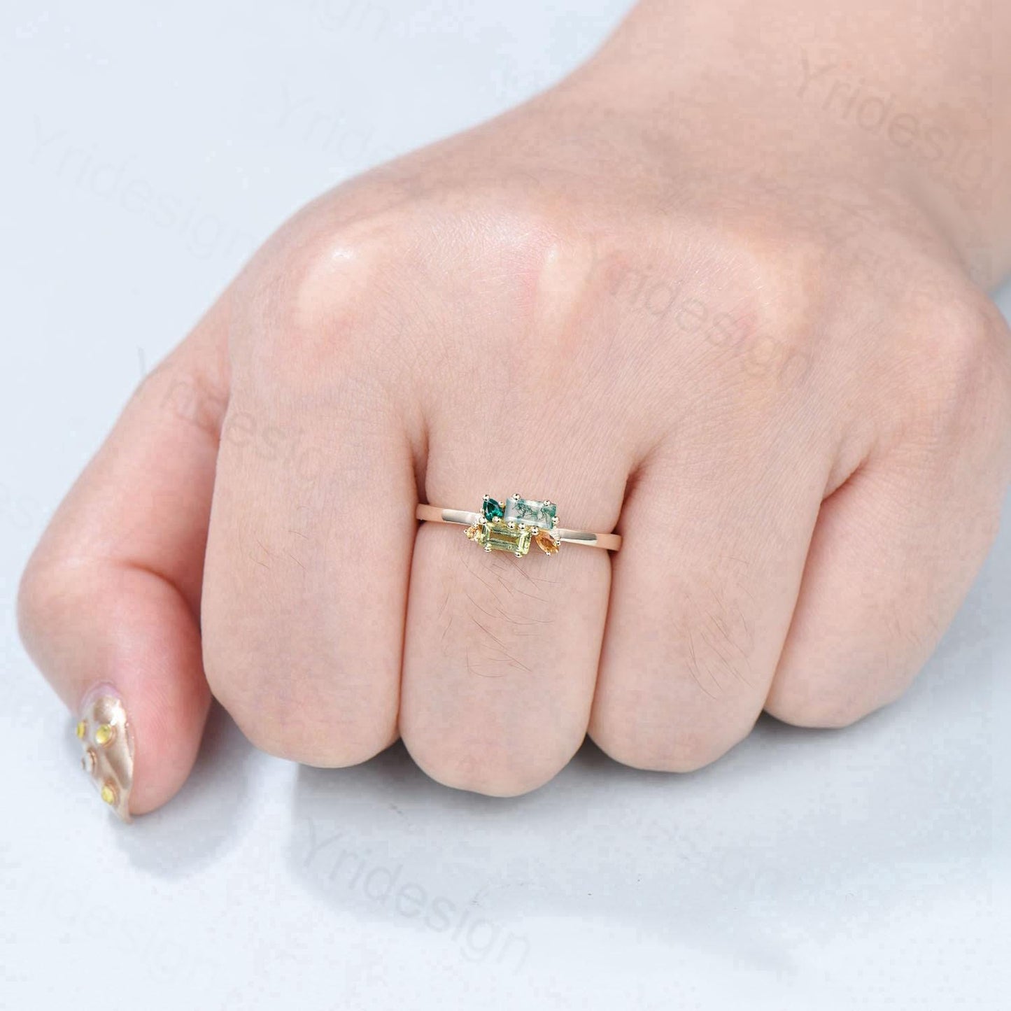 Unique Baguette Moss Agate Peridot Wedding Ring Multi Stone Citrine Emerald Wedding Band Stacking Promise Ring Anniversary Gift For Daughter