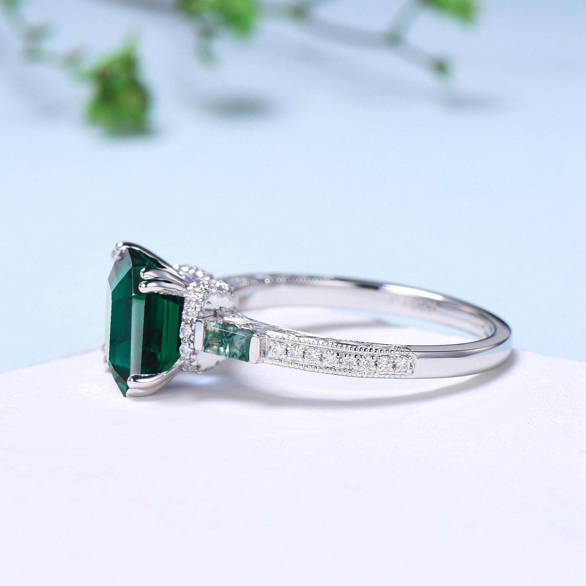 Vintage asscher cut emerald engagement ring hidden halo diamond moss agate basket setting eight prongs wedding ring anniversary promise ring
