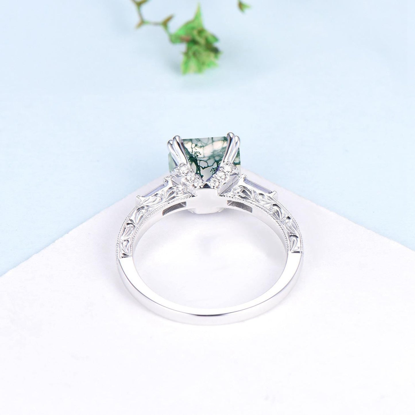 Hidden halo princess cut diamond engagement ring hidden halo moss agate diamond basket setting wedding ring IGI certificate diamond jewelry