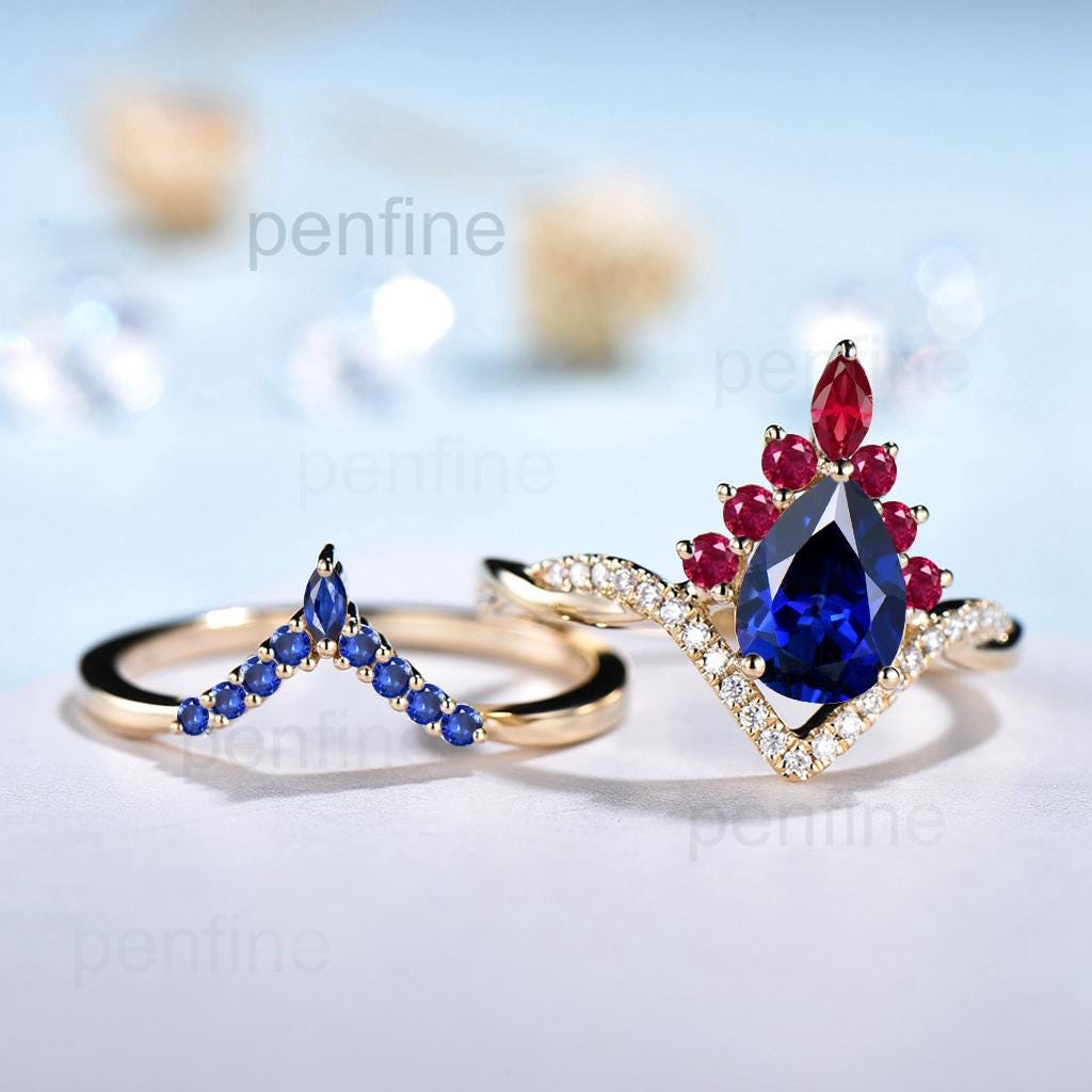Vintage Sapphire Engagement Ring Set 14K Yellow Gold Pear Shaped Sapphire Ruby Wedding ring Set Art Deco 2pcs Twisted Bridal Ring Set Women