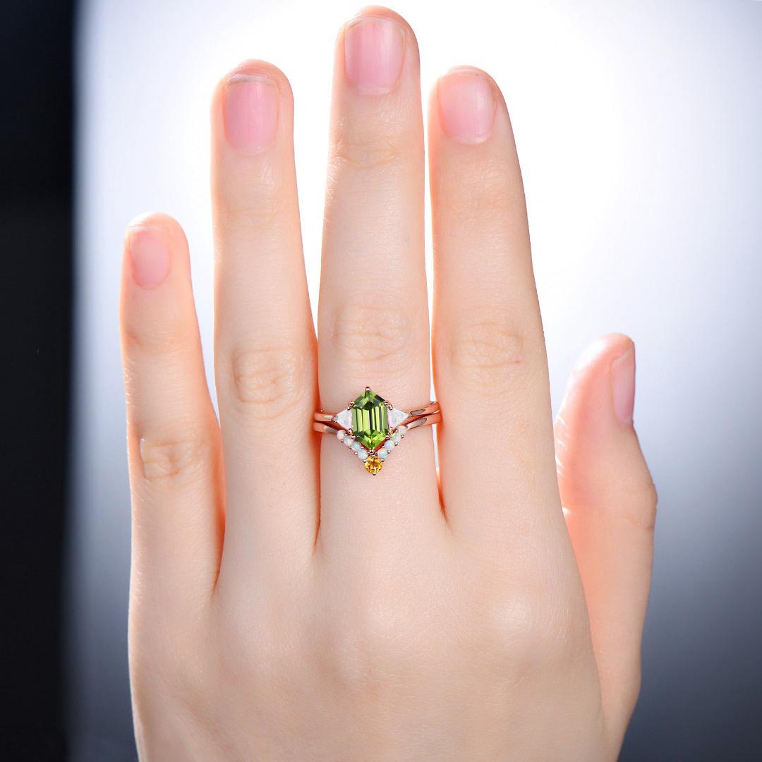 2pcs Peridot Ring Set Hexagon Cut Peridot with Trillion Opal Accents & Curved Band with Opal and Citrine August Birthstone