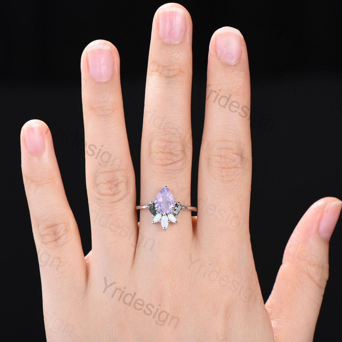 Unique Pear Shaped Lavender Amethyst Engagement Ring Baguette Moss Agate Marquise Opal Wedding Ring Vintage Handmade Anniversary Ring Gift