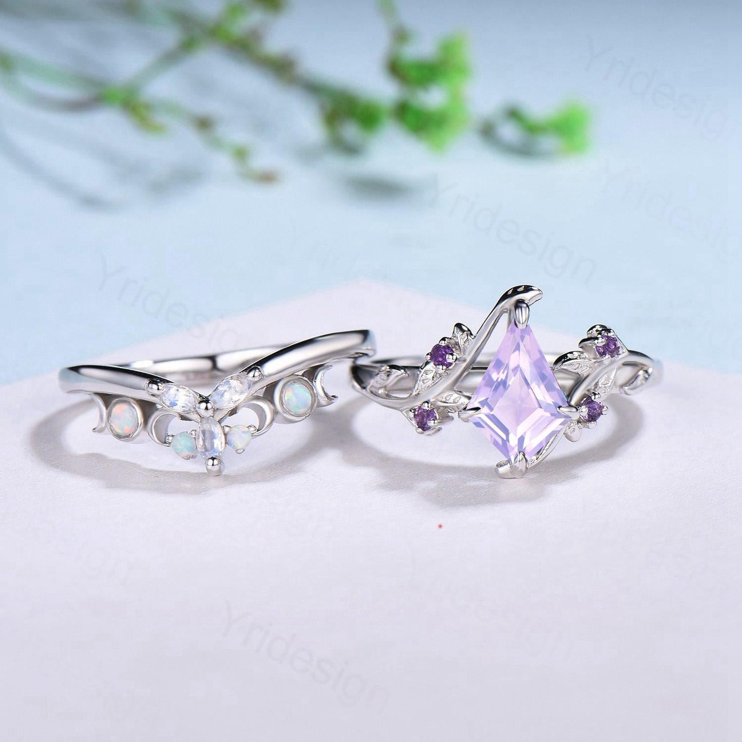 Nature Inspired kite lavender amethyst engagement ring set twig cluster amethyst wedding set Vintage marquise moonstone opal stacking ring