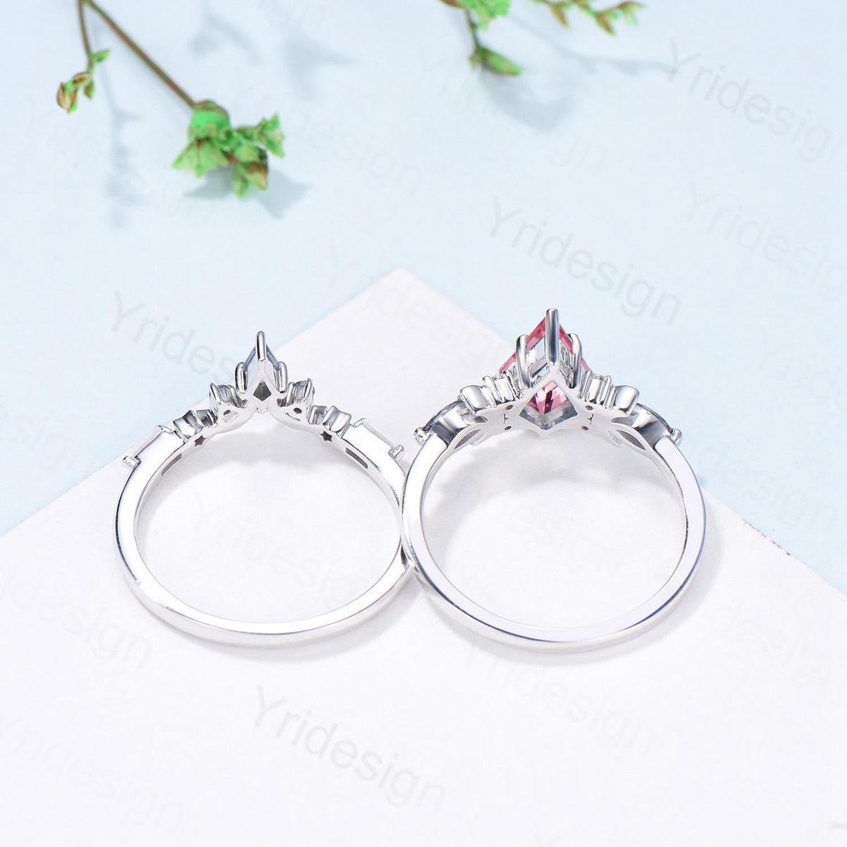 Unique Papalacha sapphire engagement ring set moon star kite cut pink sapphire wedding ring set elegant promise anniversary bridal set women