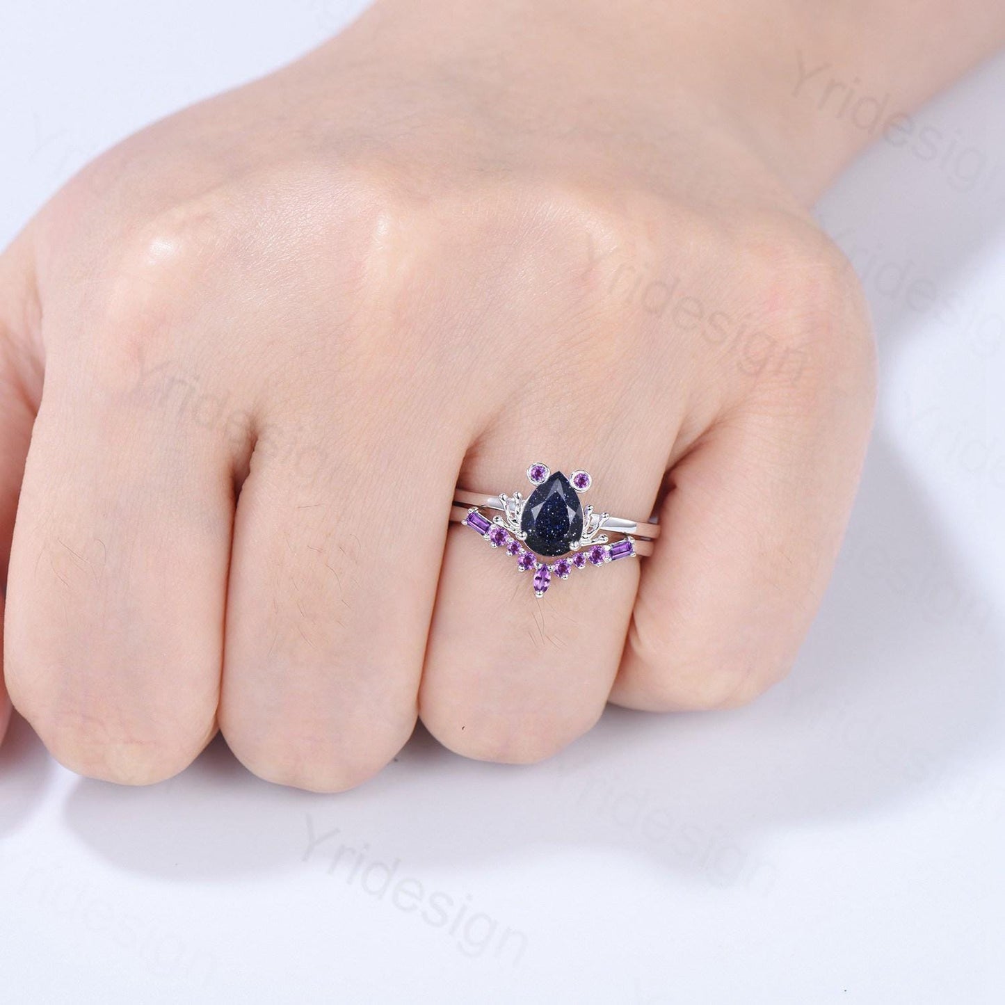 Unique pear blue sandstone engagement ring set, Frog animal inspired galaxy wedding set, three stone amethyst bridal set anniversary gift