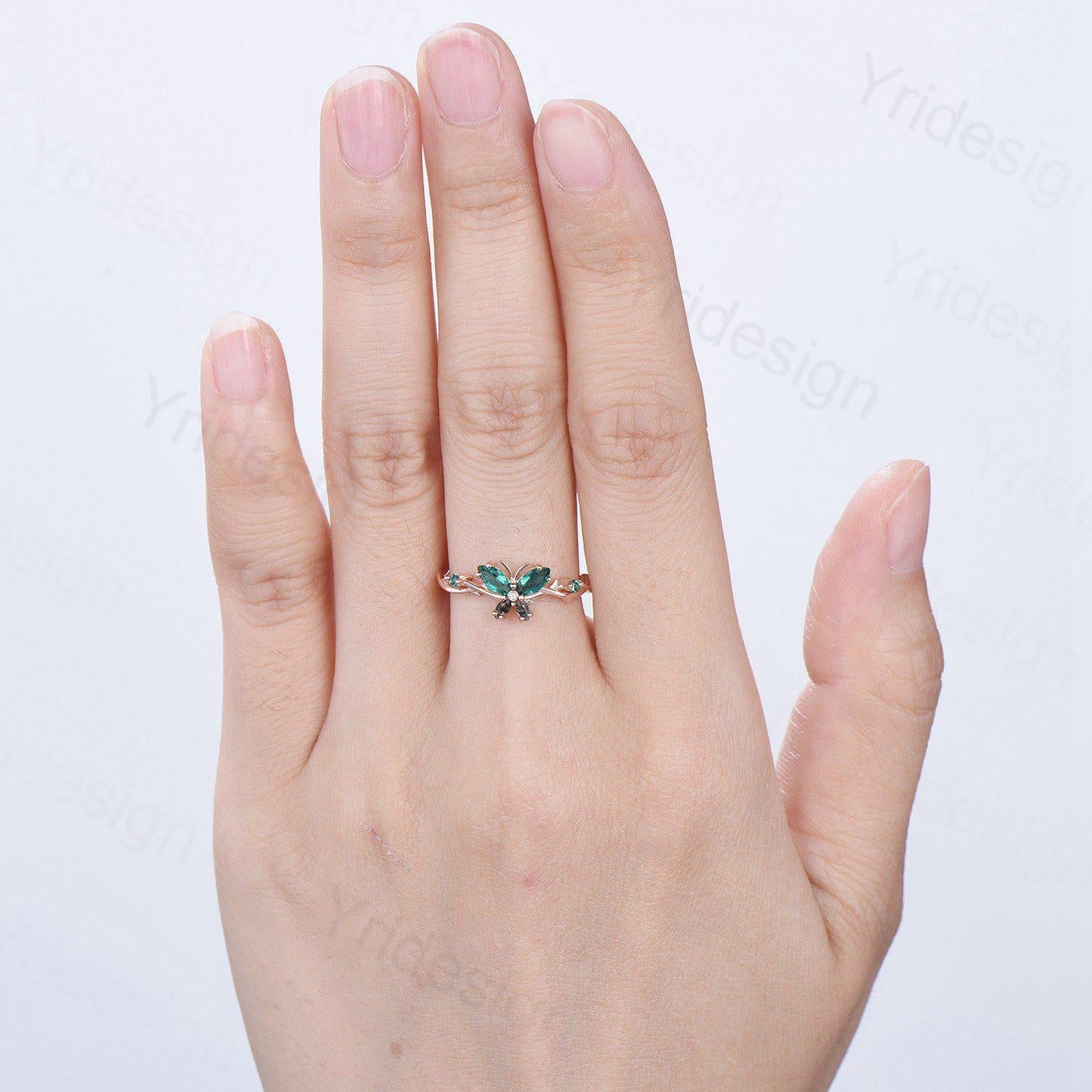 Vintage Butterfly Emerald Engagement Ring Unique Marquise Cut Moss Agate Wedding Ring 14k Rose Gold Flower Promise Anniversary Gift for Wife