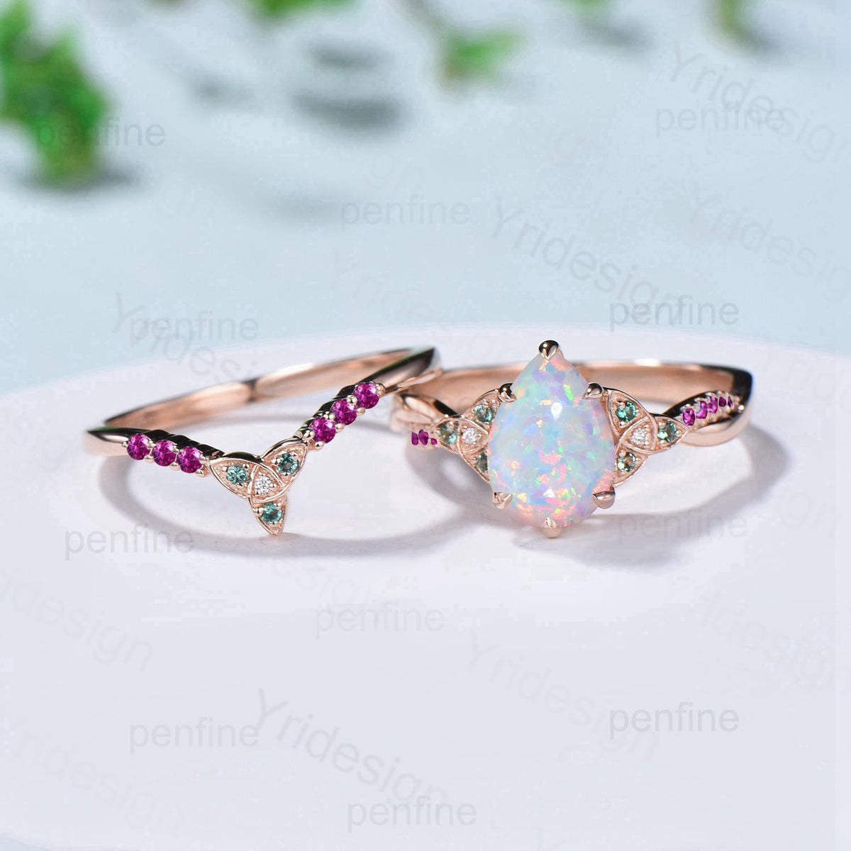 Norse Viking Pear Shaped Opal Wedding Ring Set Celtic Knot 14K Rose Gold Split Shank Opal Ruby Engagement Ring Opal Emerald Bridal Set Women