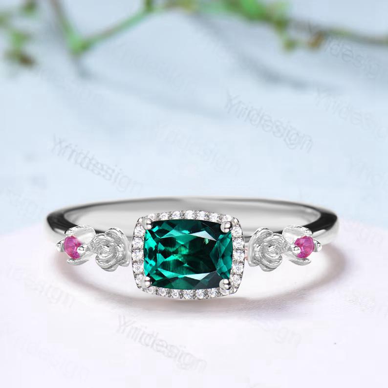 Unique east to west emerald wedding ring halo diamond floral emerald engagement ring Art deco rose gold pink tourmaline anniversary ring