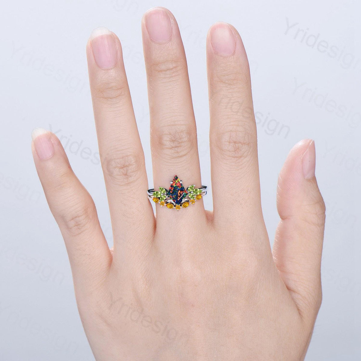 Retro kite cut black fire opal engagement ring set Vintage cluster peridot wedding ring citrine stacking band October birthstone bridal set