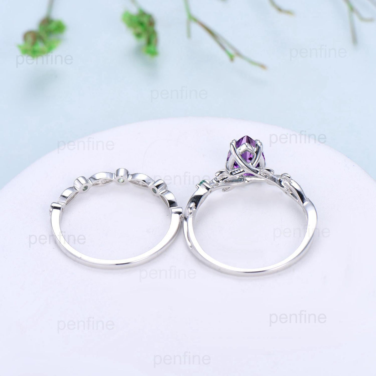 Vintage Amethyst Ring Set Pear Shaped Purple Amethyst Engagement Ring Nature Inspired Wedding Set Art Deco February Birthstone Jewelry Gift