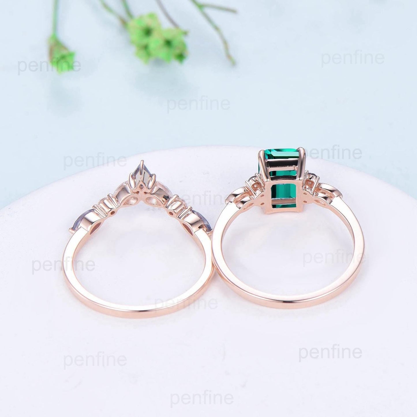 Vintage Emerald Cut Emerald Engagement Ring Set Unique Seven Stone Moss Agate Wedding Ring Set Silver Rose Gold May Birthstone Bridal Set