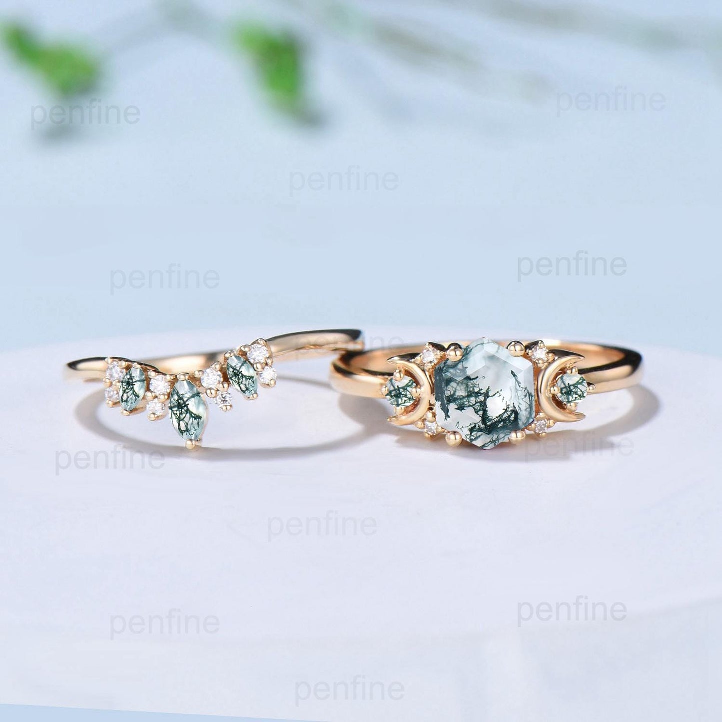 Vintage moss agate engagement ring set hexagon cut 14k yellow gold moon wedding ring Elegant unique green birthstone bridal ring set women