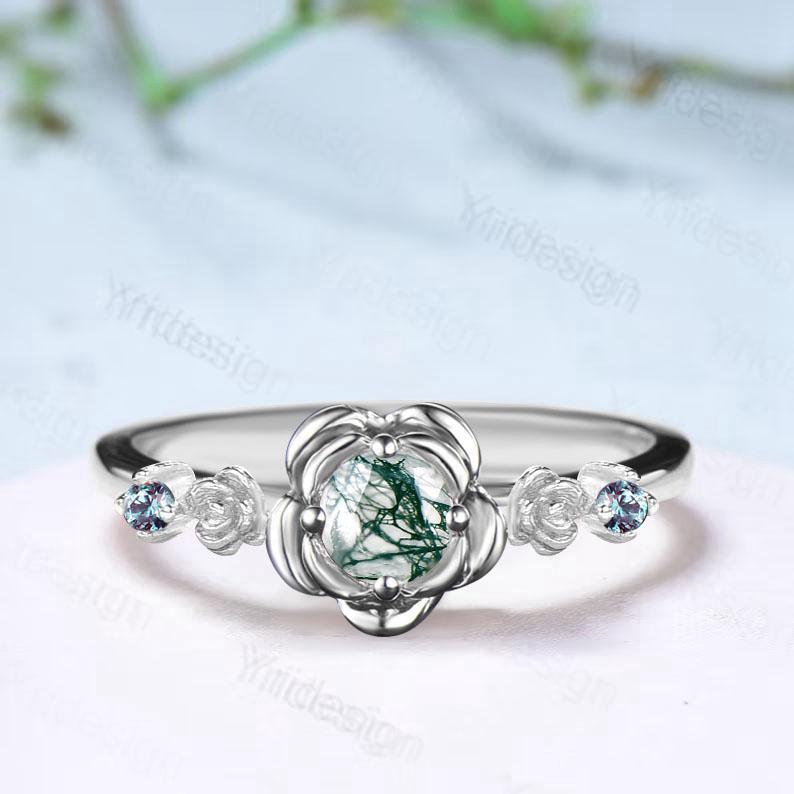 Floral round moss agate engagement ring nature inspired green agate alexandrite wedding ring vintage flower anniversary promise ring women