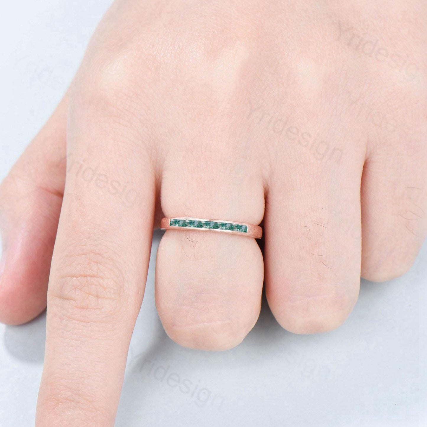 Hammered Moss Agate Wedding Ring Unique Minimalist Brushed Five Stone Wedding Band Women Tension Design Stacking Retro Vintage Stacking Ring