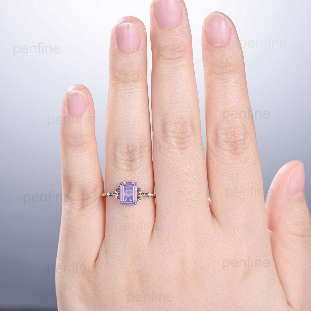 Vintage Emerald Cut Natural Lavender Amethyst Engagement Ring Marquise Cut Moss Agate Ring Silver Rose Gold Retro Anniversary Promise Gift
