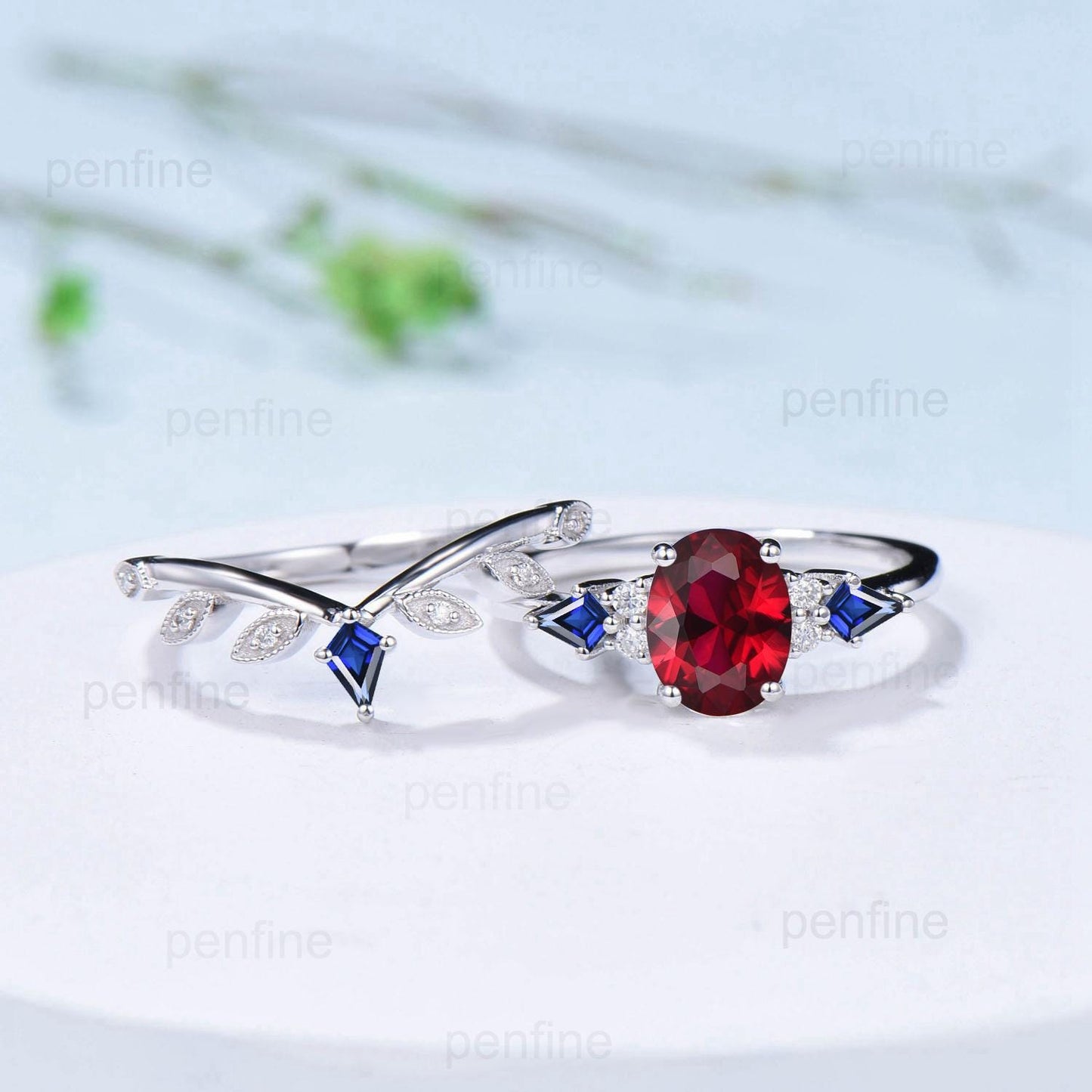 Vintage oval ruby engagement ring set Seven stone kite sapphire red ruby wedding ring set unique July birthstone anniversary promise ring