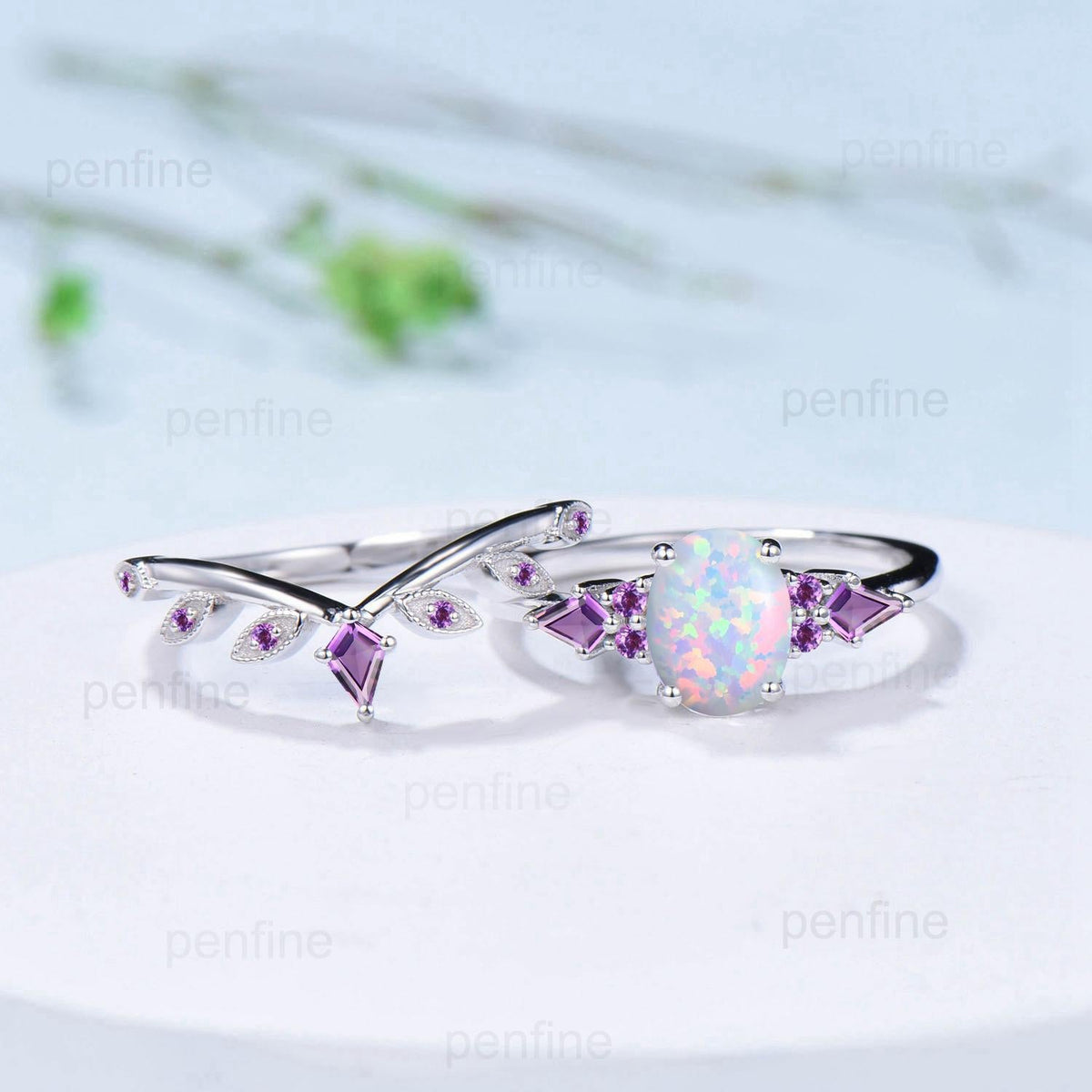 Vintage White Opal Ring Set for Women 1.5CT Oval October Birthstone Promise Engagement Unique Purple Amethyst Birthday Gifts for Daughter