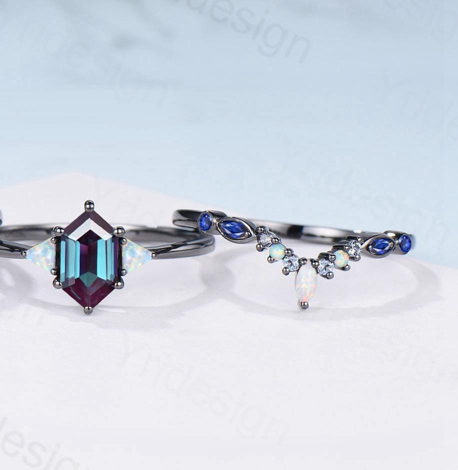 Three Stone Black Gold Alexandrite Wedding Ring Set Unique Long Hexagon Alexandrite Trillion Opal Gothic Engagement Ring Sapphire Opal Band