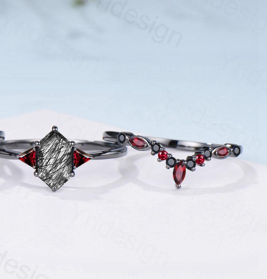 Three Stone Black Gold Rutilated Quartz Wedding Ring Set Unique Long Hexagon Black Tourmaline Trillion Garnet Spinel Gothic Engagement Ring