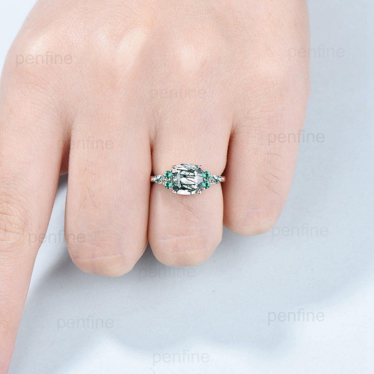 Vintage Cushion Natural Moss Agate Ring Dainty Cluster Emerald Marquise Engagement Ring Unique Art Deco Seven Stone Promise Anniversary Gift