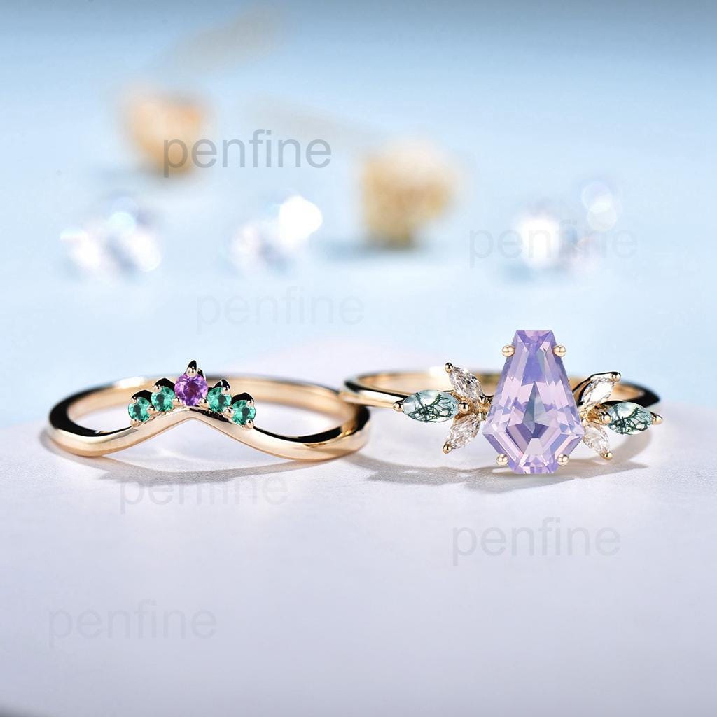 Vintage Coffin Cut Lavender Amethyst Engagement Ring Set Unique Yellow Gold Marquise Moss Agate Wedding Set Emerald Amethyst Stacking Band