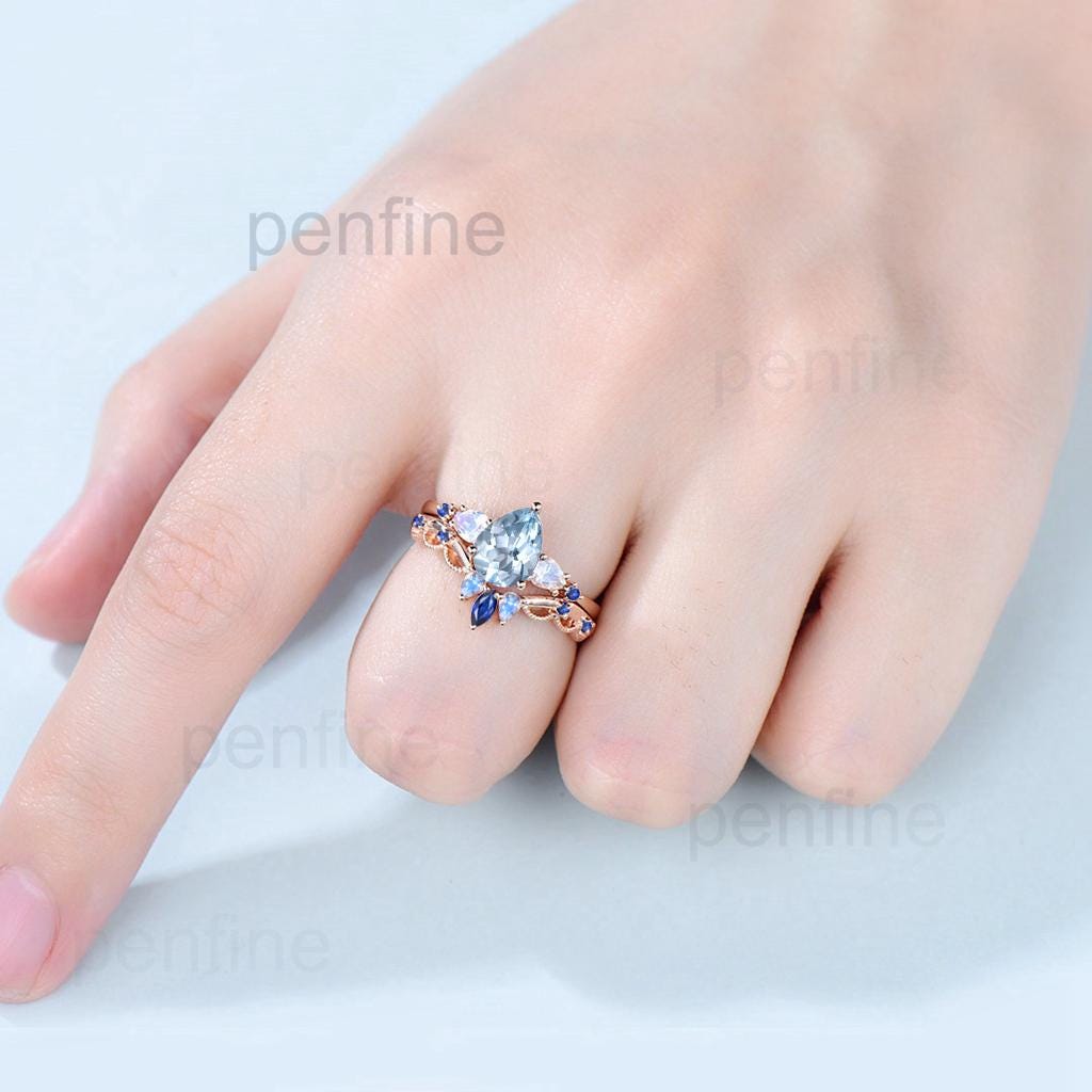 1.25CT Pear Shaped Natural Aquamarine Engagement Ring Set Five Stone Moonstone Sapphire Blue Gemstone Wedding Ring Set Rose Gold Bridal Set