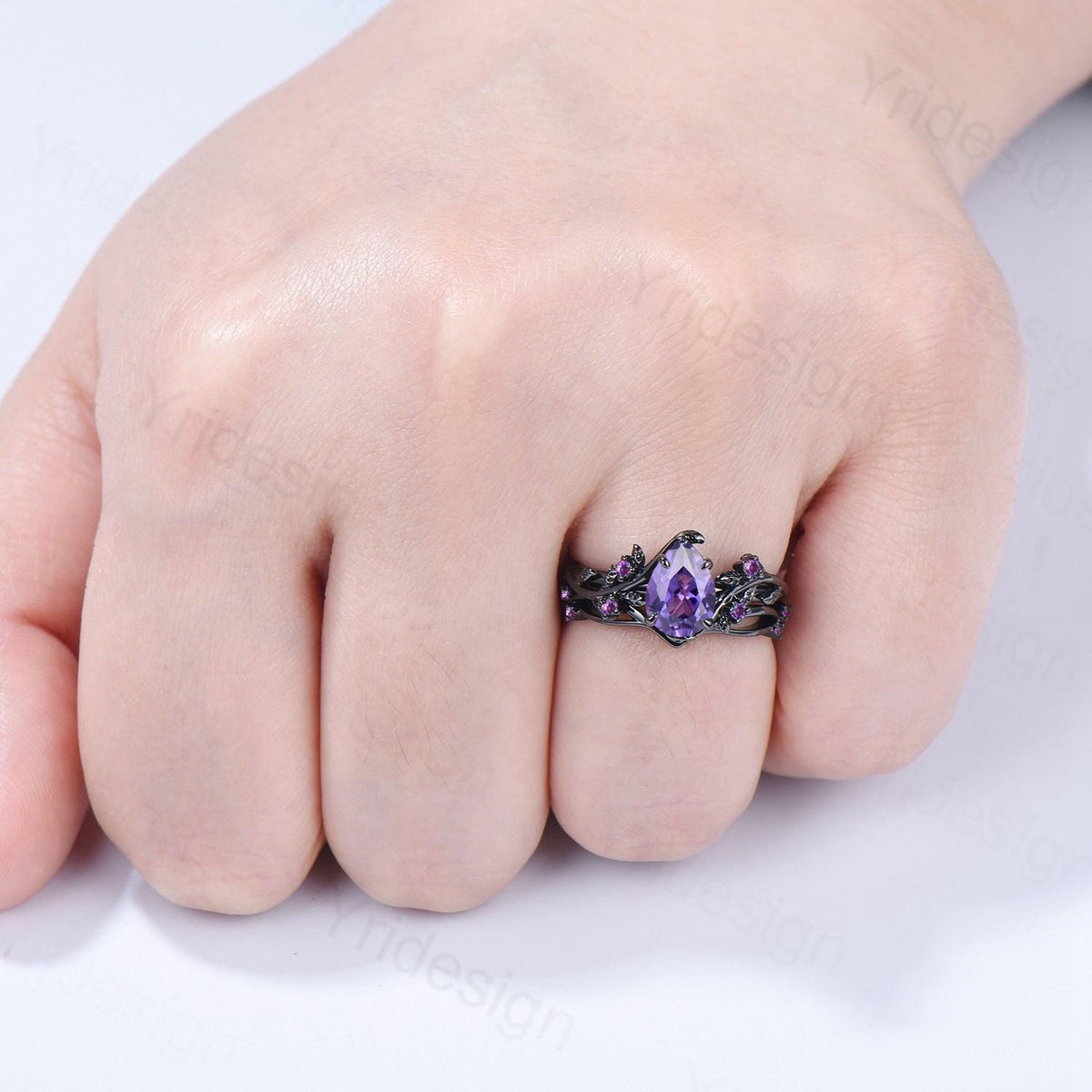 Black Gold Purple Sapphire Bridal Ring Set, Vintage Leaf Amethyst Wedding Rings