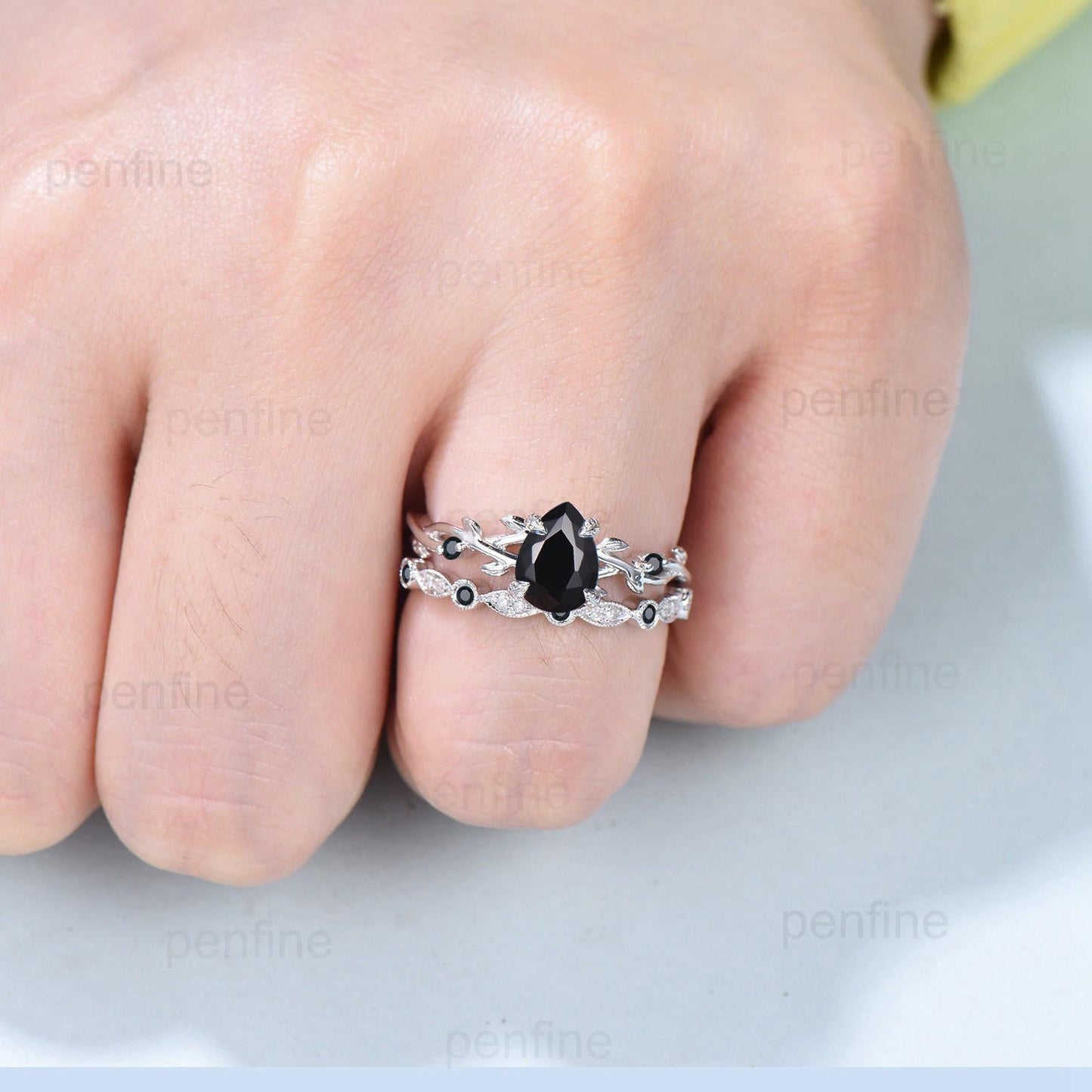 Vintage Black Onyx Ring Set Pear Shaped Twig Vine Engagement Ring Nature Inspired Wedding Set Art Deco Anniversary Promise Jewelry Gifts