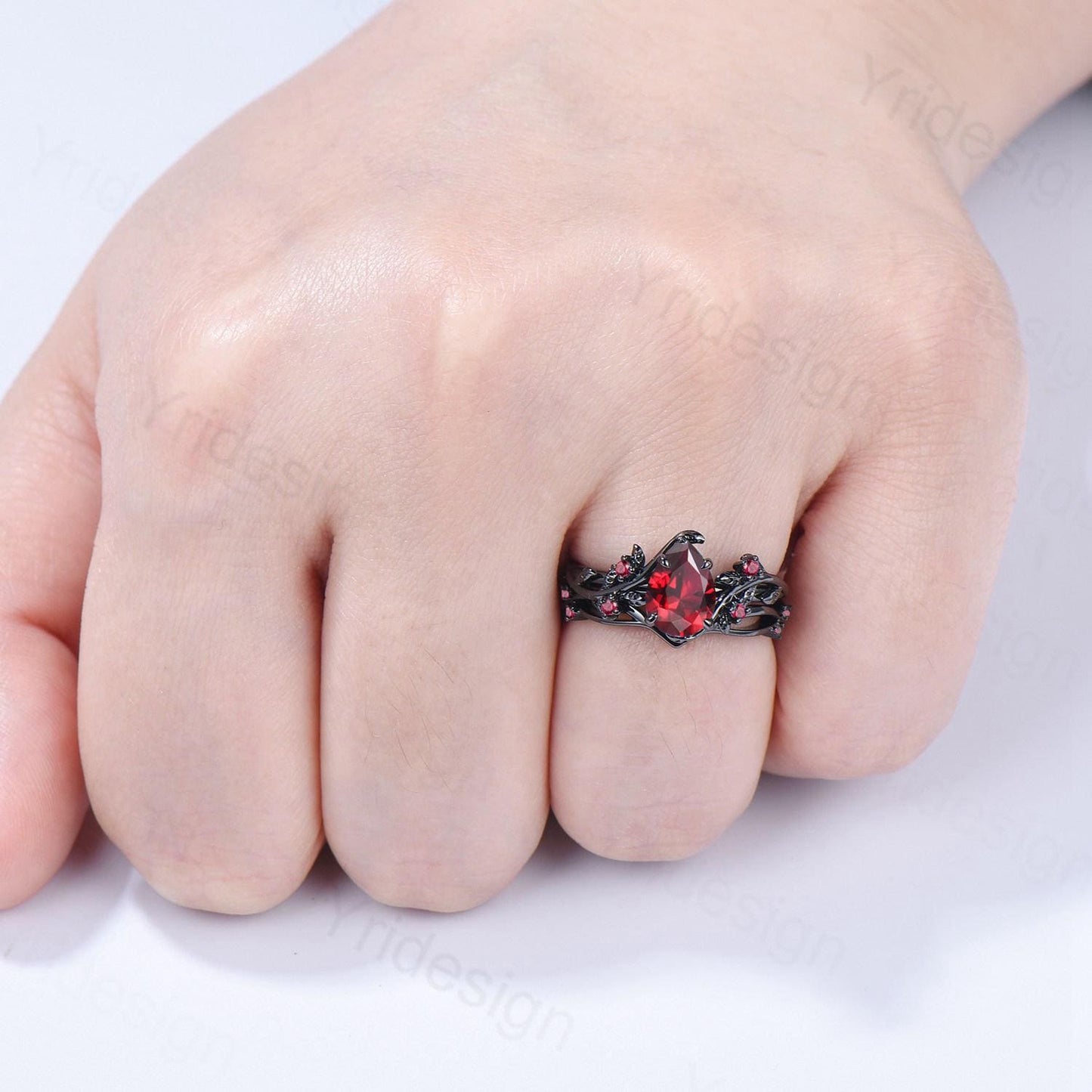 Nature inspired pear shaped ruby ring set black gold branch lab ruby engagement ring unique July birthstone twig vine wedding ring set women