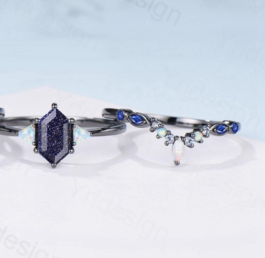 Black Gold Blue Sandstone Engagement Ring Set Unique Long Hexagon Galaxy Goldstone Three Stone Trillion Opal Gothic Sapphire Opal Bridal Set