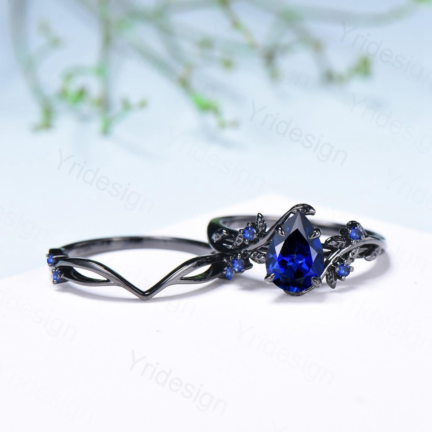 Nature Inspired Leaf sapphire ring set black gold branch twig sapphire engagement ring women unique Sep birthstone wedding set for women