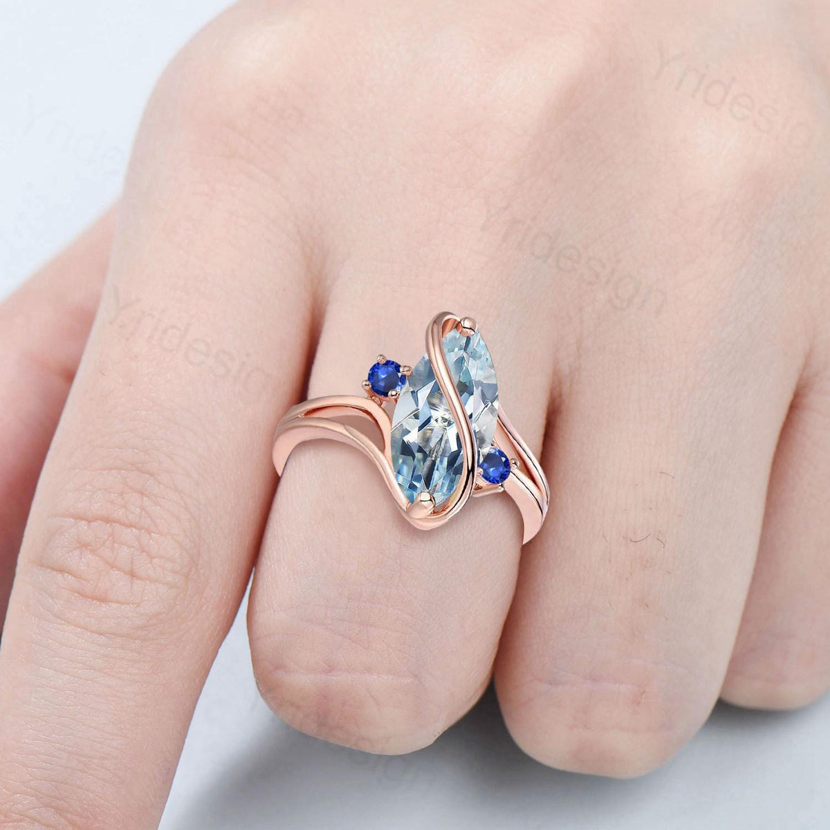 Marquise Aquamarine Engagement Ring, Split Shank, Sapphire Accents