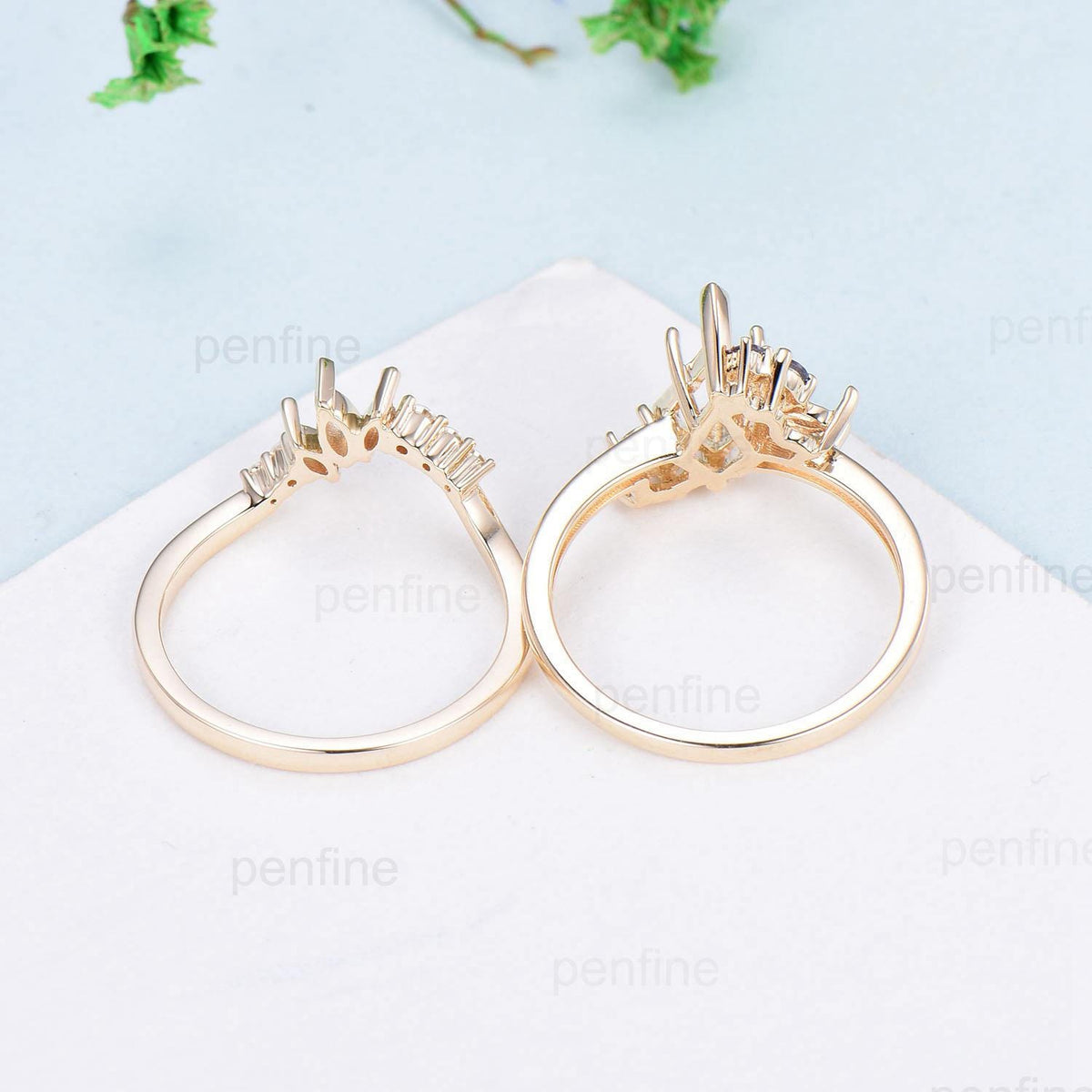 Vintage Kite cut morganite ring set rose gold morganite ring cluster alexandrite moonstone bridal wedding ring set anniversary promise gifts