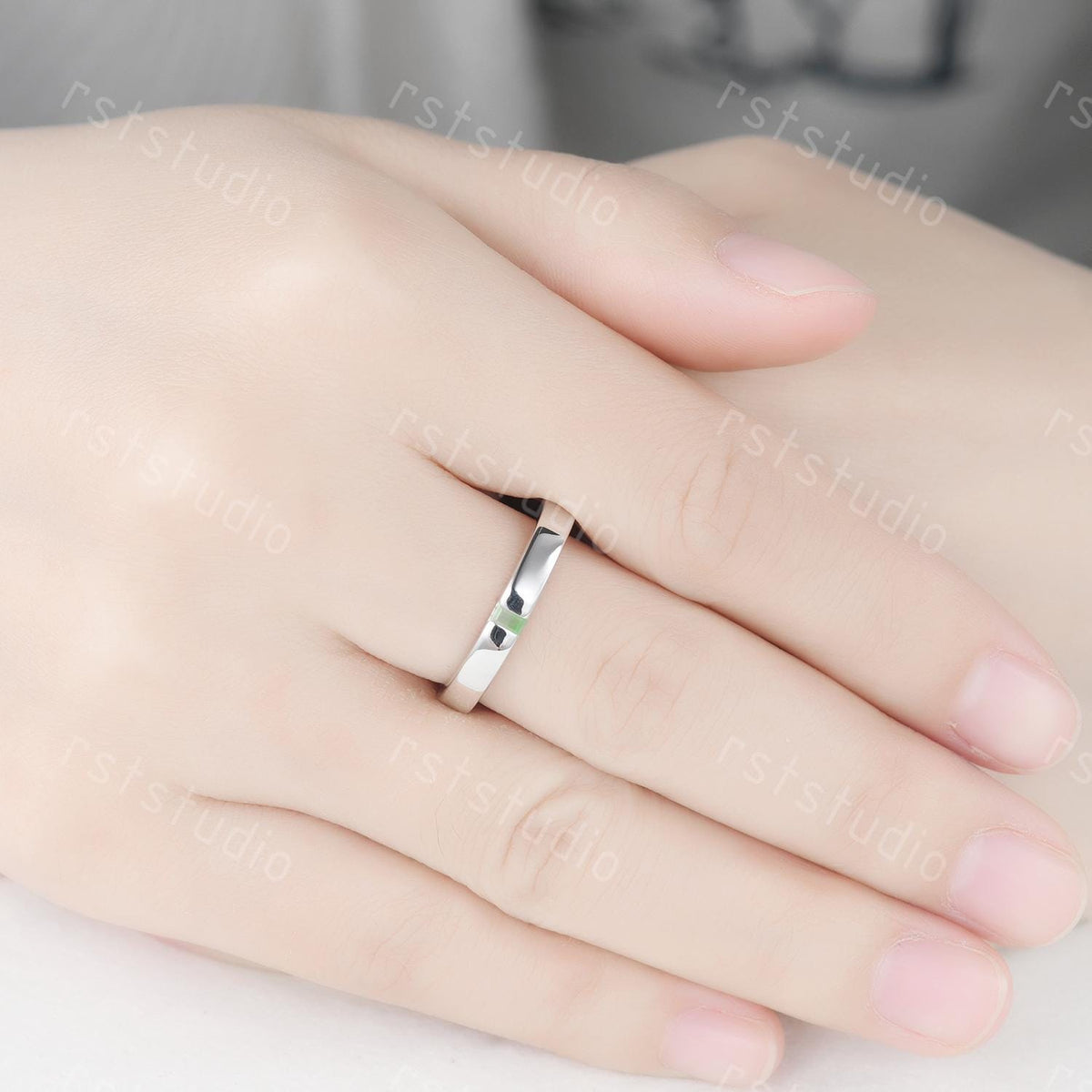 3mm Baguette Jade Wedding Band: White Gold Solitaire Ring, Stackable Ring